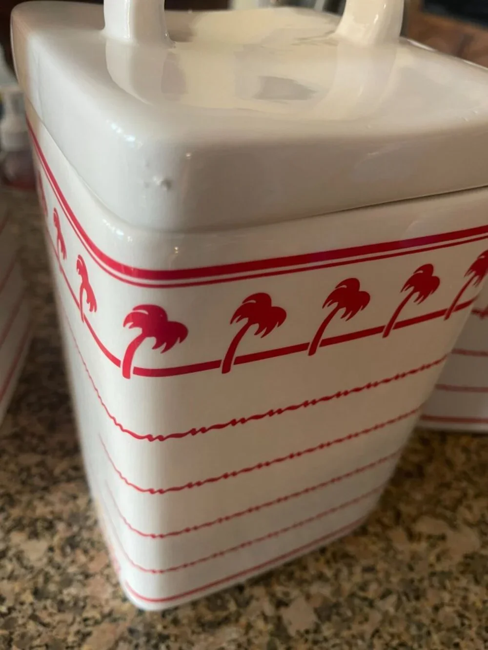 In-N-Out Burger Ceramic Canister Set of 4 With Lids Red White Palm Tree Design